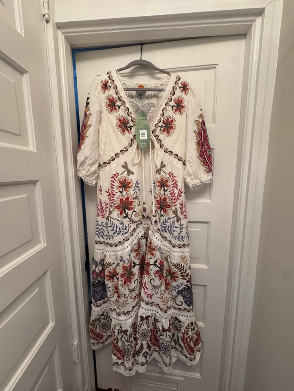 Farm Rio Embroidered Boho Maxi Dress in Cream with Multicolor Floral